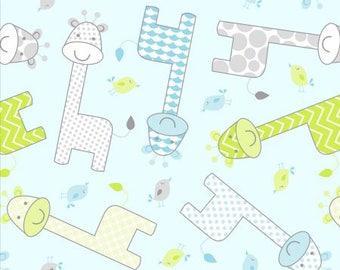 Giraffe Fabric, Flannel Fabric, Kids Fabric, Baby Fabric, Nursery/Crib, Blue/Gray/Green, Apparel/Blanket/Quilt/Throw, Fabric Yard/Half Yard