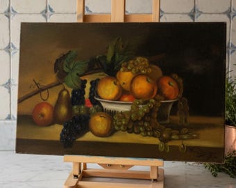 Antique Oil on Canvas Fruit Still Life Painting, 24 x 15"
