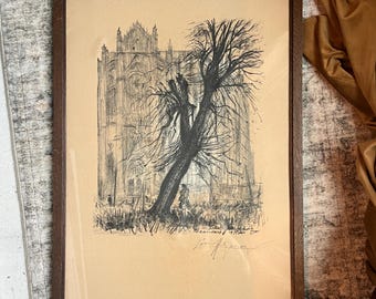 Antique French Cathedral and Tree Charcoal Pencil Drawing