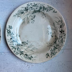 May include: A round ceramic plate with a cream-colored base featuring a dark green transferware pattern of botanical elements, including small flowers, leafy sprigs, and bird nests with birds perched among the foliage along the rim.