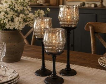 Set of 3 Vintage Glass and Metal Candle Holders