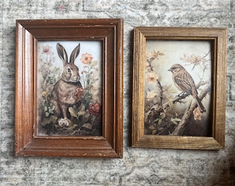 Set of 2 Vintage Solid Wood Frames with Bird, Bunny Prints