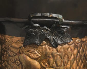 Vintage Copper Fruit Bowl with Bronze Leaf Handles