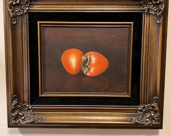 Moody Vintage Still Life Oil Painting, Persimmons or Roma Tomatoes