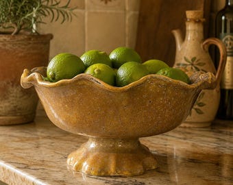 Vintage Ruffle Top Yellow Pottery Compote Bowl