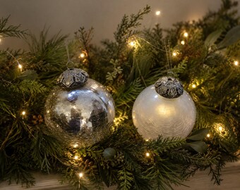 Set of 2 Vintage Brilliant Glass Ornaments, Crackle, Clear,  Frosted, Mercury Style
