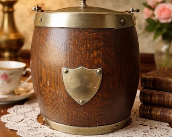 Vintage English Edwardian Oak Biscuit Barrel
