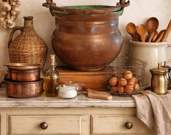 Vintage Primitive Antique Copper Cauldron Pot