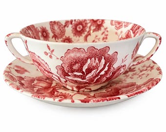 Flat Cream Soup Bowl & Saucer Set English Chippendale Red by JOHNSON BROTHERS
