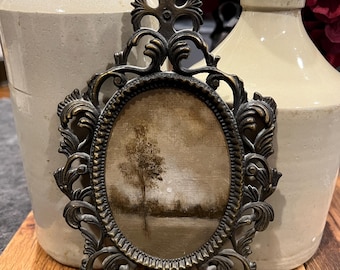 Vintage Metal Ornate Oval Frame with Glass, Original Artwork Painting Included