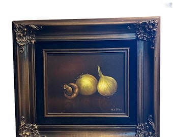 Moody Vintage Still Life Oil Painting, Onions and Mushroom (Frame Damage)