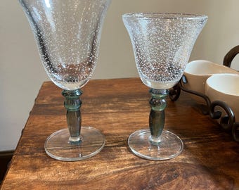 Vintage Seed Glass Wine Goblets, Green Stem Bubble Glass Set (4)