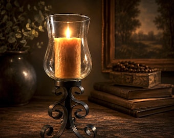 Vintage Glass and Metal Scroll Hurricane Candle Holder