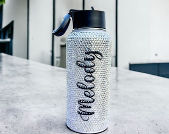 Personalized Bedazzled Insulated Stainless Steel Tumbler with Straw. 32oz Rhinestone Bling Water Bottle Crystallized Fitness Gift BOT