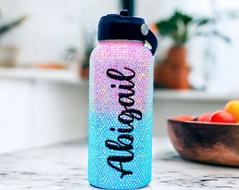 32oz Insulated Stainless Steel Rhinestone Tumbler with Straw. Bling Ombre Water Bottle. Crystallized Fitness Motivation Gift Weight Loss BOT