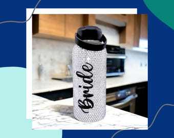 Personalized Bedazzled Insulated Stainless Steel Tumbler with Straw. 32oz Rhinestone Bling Water Bottle Crystallized Bridal Gift BOT