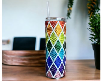 20 oz tumbler with straw |Insulated bling tumbler for gift |Rhinestone studded tumbler |Stainless steel tumbler |Rainbow White Diamond Cup