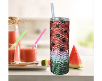 20oz rhinestone tumbler with straw |Insulated bling tumbler |Bedazzled studded tumbler |Stainless steel tumbler |Watermelon Design