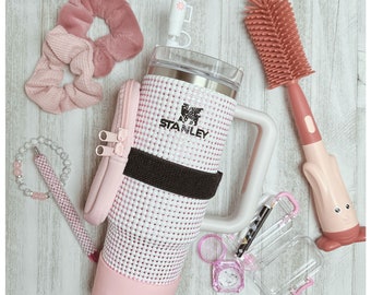 Pink Stanley cup gift set, Rhinestone Stanley gift basket, White bedazzled & pink rhinestone cup, Stanley 30oz Flow State Quencher H2.0