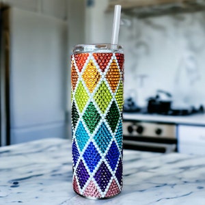 20 oz tumbler with straw |Insulated bling tumbler for gift |Rhinestone studded tumbler |Stainless steel tumbler |Rainbow White Diamond Cup