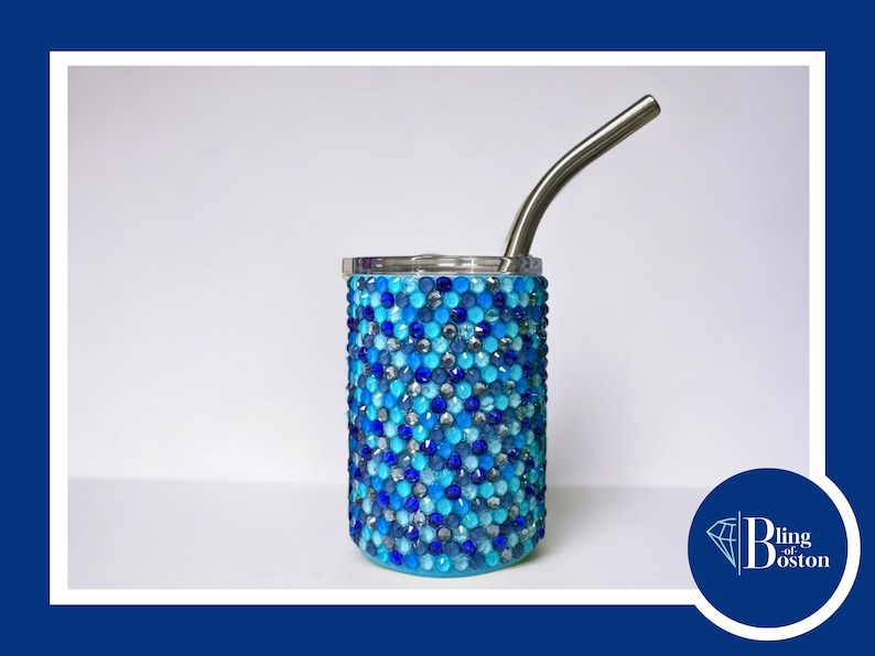 DIY Tumbler Bling Kit for 3oz mini shot glass cup with SS16/4mm glass rhinestones, tools/supplies. Bedazzle craft cup kit by Bling of Boston Blue