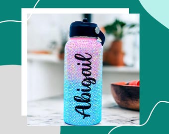 32oz Insulated Stainless Steel Rhinestone Tumbler with Straw. Bling Ombre Water Bottle. Crystallized Fitness Motivation Gift Weight Loss BOT