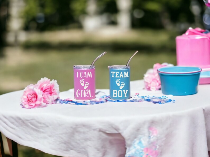 Gender reveal party cups, Baby party favors, Boy Girl decorations supplies & decor, unique gender reveal ideas, 3oz Mini tumbler shot glass image 1