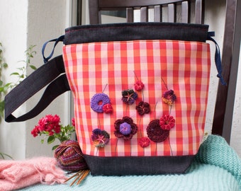 Colorful Knitting Bag Embellished with Flowers, Medium Size Project Bag