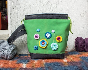 Medium Size Knitting Project Bag with Crochet Flower Embellishments