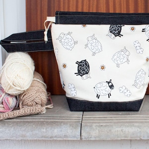 Project Bag With Fun Sheep Print, Knitting Crochet Drawstring Bag, Medium Size Knitting Bag