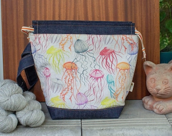 Project Bag With Jellyfish Print, Knitting Crochet Drawstring Bag, Medium Size Knitting Bag