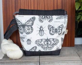 Sac de projet de tricot à cordon avec imprimé papillon, sac à tricoter en coton, porte-fil de taille moyenne