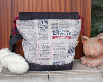 Cotton Project Bag: Newspaper Print Knitting Crochet Drawstring Bag