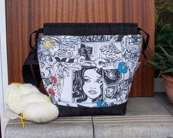Medium Size Drawstring Project Bag For Knitters And Crocheters With Comics Print