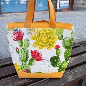 Extra Large Size Project Bag for Knitters and Crocheters with Blooming Cactus Print