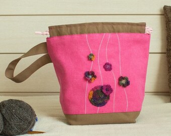 Cotton Knitting Project Bag: Medium Drawstring Bag with Crochet Flowers