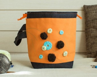 Orange Knitting Project Bag: Medium Drawstring Bag with Pom Poms