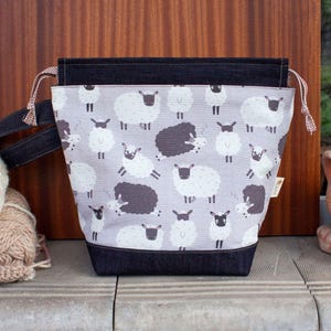 Project Bag With Black And White Sheep Print, Knitting Crochet Drawstring Bag, Medium Size Knitting Bag