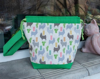 Drawstring Knitting Project Bag With Lama Print, Medium Size