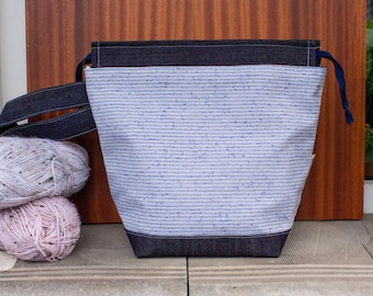 Sac à projets pour tricot et crochet en tissu de coton bleu