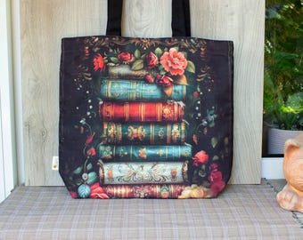 Book and Flower Print Tote Bag: Reusable Canvas Shoulder Bag