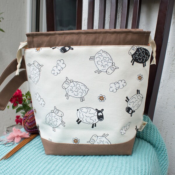 Fun Sheep Print Knitting Crochet Project Bag in Natural Cotton