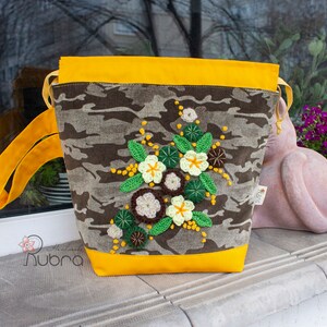 Project Bag, Shawl Knitting Bag Medium Size with Flowers and Embroidery