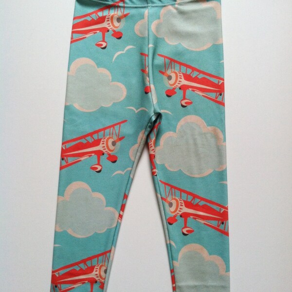 Organic Cotton Retro Airplane Leggings, modern kids, blue baby leggings, toddler leggings, boy skinnies