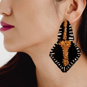 Black clipon earrings//oversized black and white clipon, drop dangle earrings