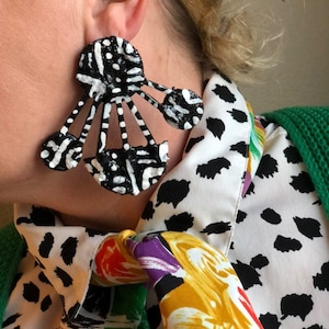 African Earrings,Artisan clipon earrings,Large black and white Earrings,Oversized Earrings, Unique Statement