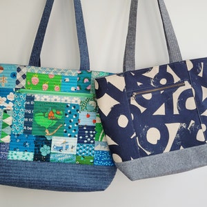 Terrific tote. Shoulder bag sewing pattern with two zipped pockets. Come in 3 sizes. Measure and cut pattern. Instant PDF download.