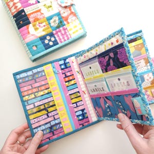 K&ouml;nnte beinhalten: Eine farbenfrohe, gesteppte Stoffbrieftasche mit Patchwork-Design. Die offene Brieftasche zeigt Taschen und ein Rei&szlig;verschlussfach. Der Innenraum verf&uuml;gt &uuml;ber transparente Taschen mit der Aufschrift "LABELS" und Blumenstoff. Die Au&szlig;enseite ist eine Mischung aus rosa, blau, gelb und gemusterten Stoffen.