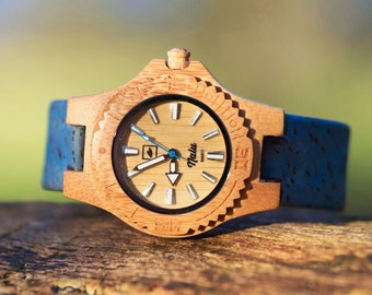 NALU SMALL Bamboo Watch - Cork strap BLUE