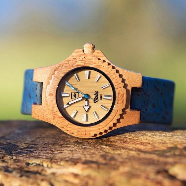 NALU SMALL Bamboo Watch - Cork strap BLUE